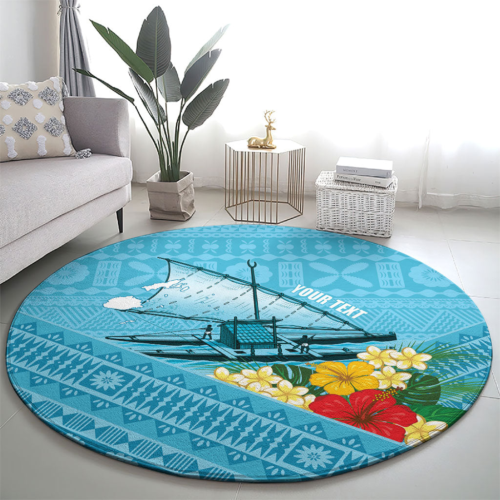 Personalised Bula Vinaka Fiji Drua Round Carpet Fijian Traditional Canoe Tapa Cloth Blue LT14 - Polynesian Pride
