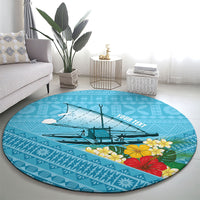 Personalised Bula Vinaka Fiji Drua Round Carpet Fijian Traditional Canoe Tapa Cloth Blue LT14 - Polynesian Pride