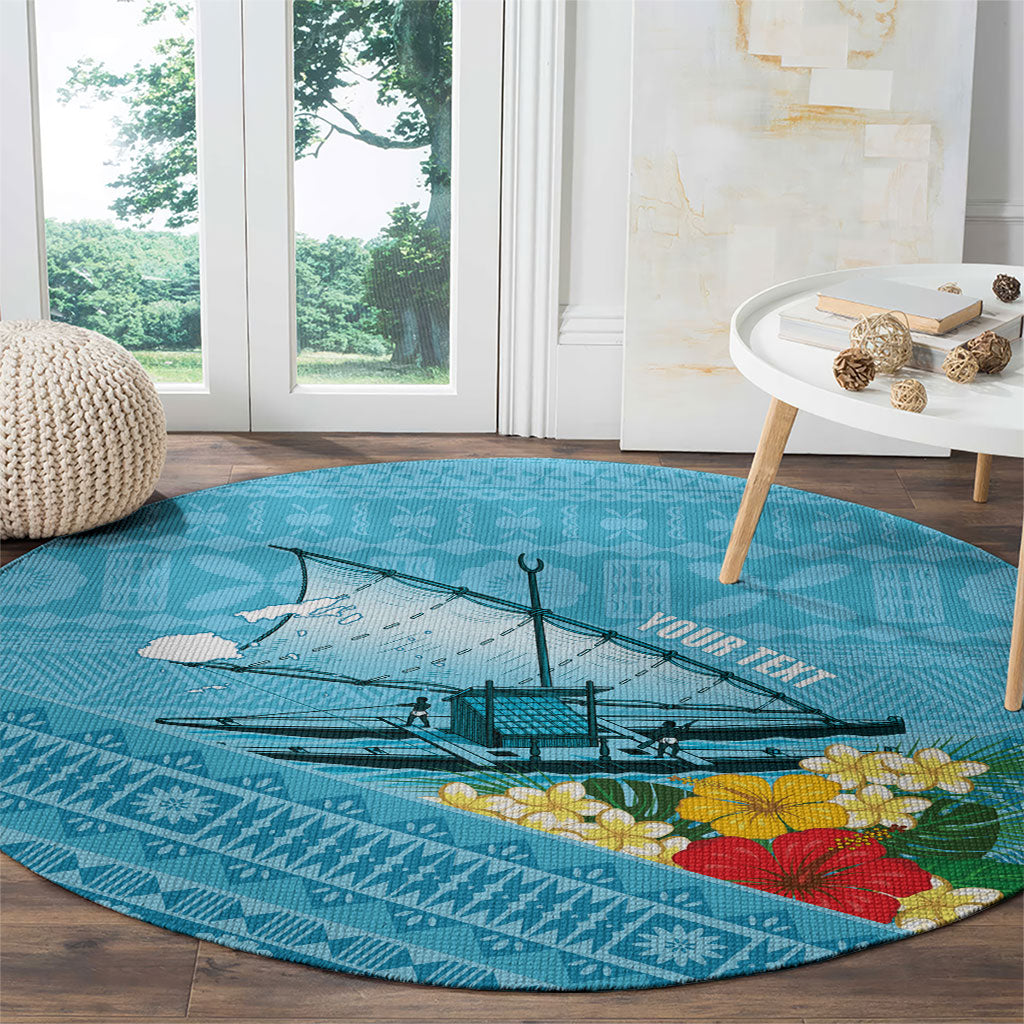 Personalised Bula Vinaka Fiji Drua Round Carpet Fijian Traditional Canoe Tapa Cloth Blue LT14 - Polynesian Pride