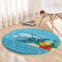Personalised Bula Vinaka Fiji Drua Round Carpet Fijian Traditional Canoe Tapa Cloth Blue LT14 - Polynesian Pride