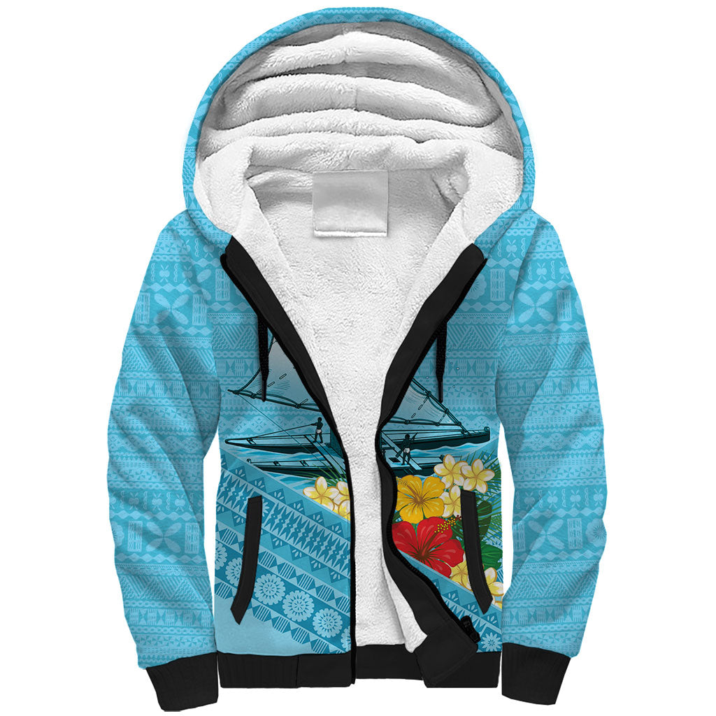 Personalised Bula Vinaka Fiji Drua Sherpa Hoodie Fijian Traditional Canoe Tapa Cloth Blue