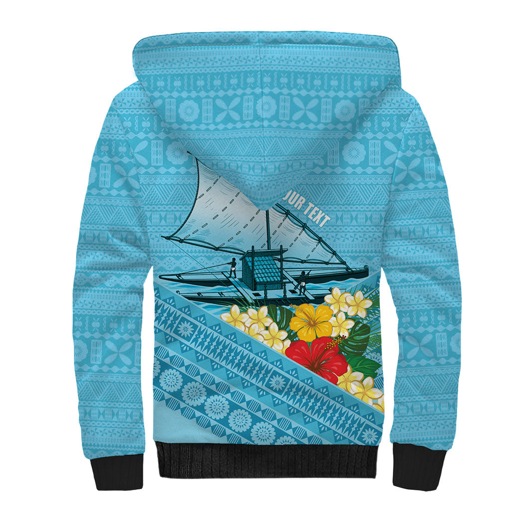 Personalised Bula Vinaka Fiji Drua Sherpa Hoodie Fijian Traditional Canoe Tapa Cloth Blue LT14 - Polynesian Pride
