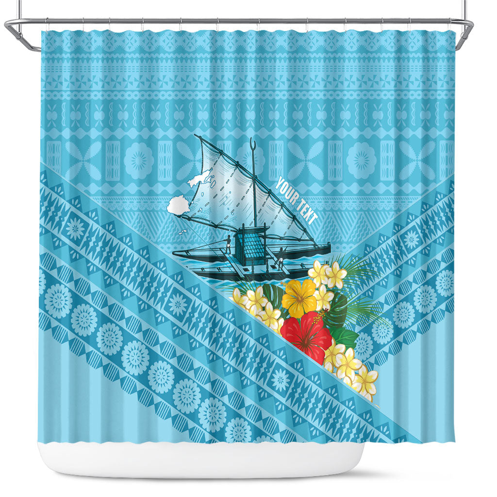 Personalised Bula Vinaka Fiji Drua Shower Curtain Fijian Traditional Canoe Tapa Cloth Blue