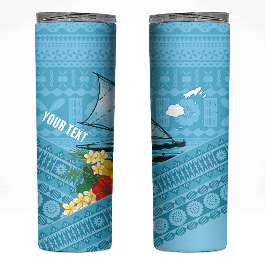 Personalised Bula Vinaka Fiji Drua Skinny Tumbler Fijian Traditional Canoe Tapa Cloth Blue