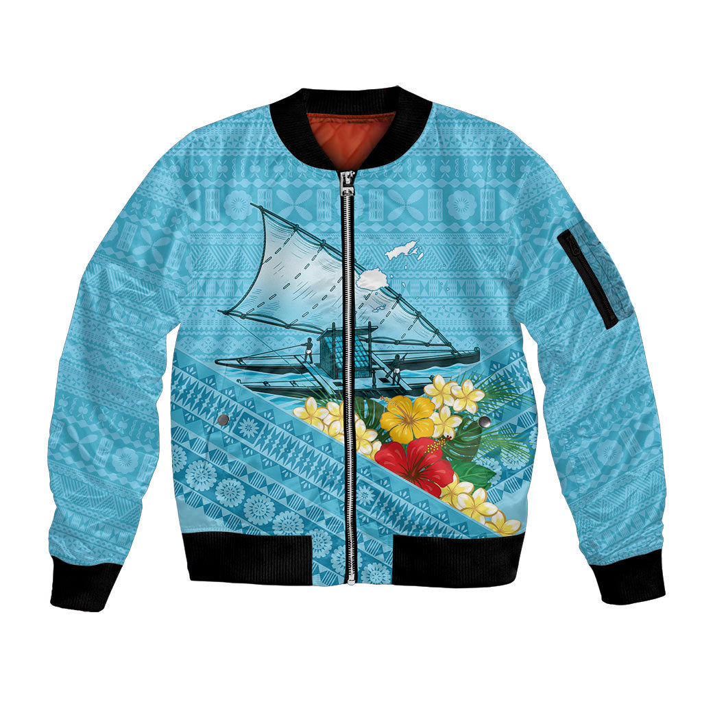 Personalised Bula Vinaka Fiji Drua Sleeve Zip Bomber Jacket Fijian Traditional Canoe Tapa Cloth Blue