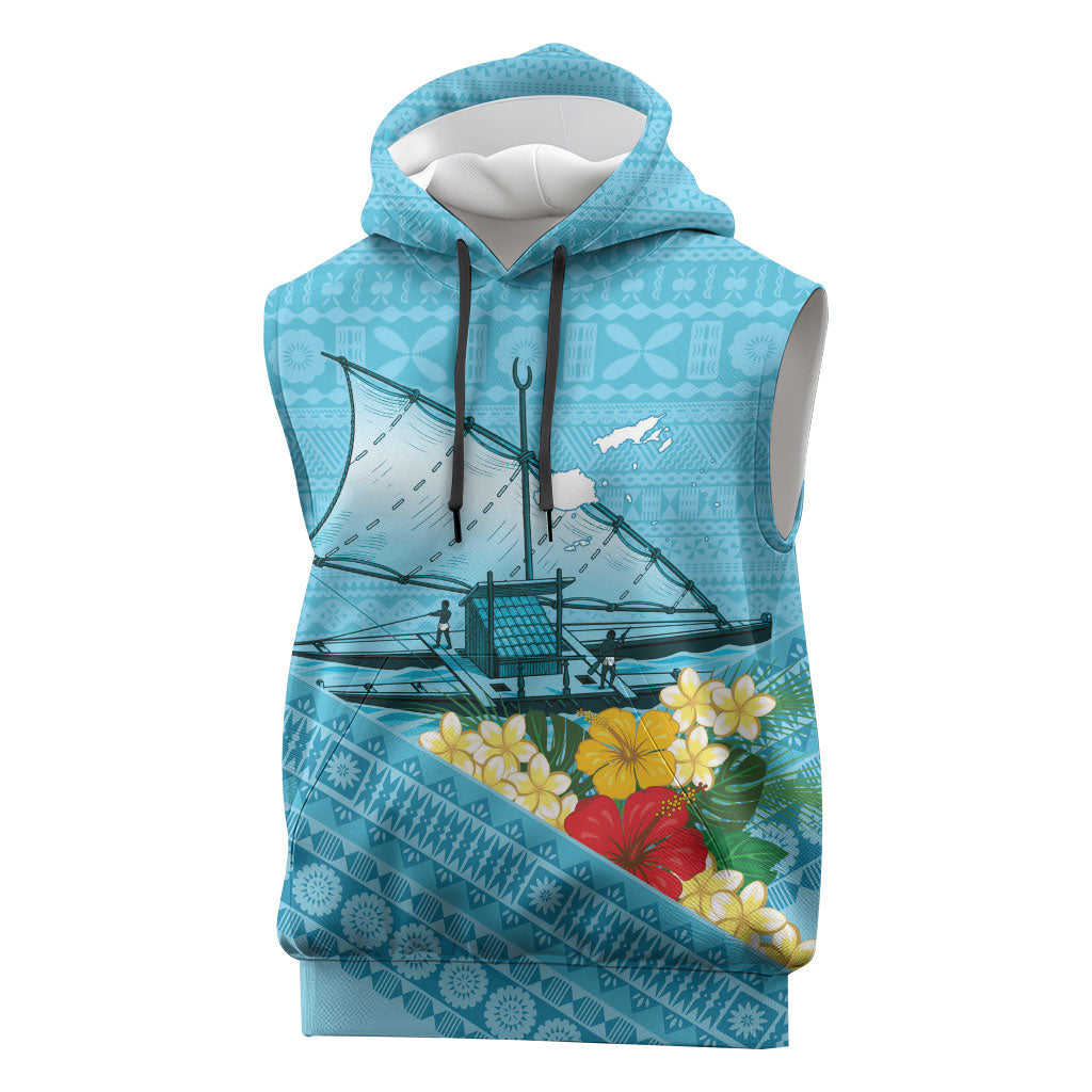 Personalised Bula Vinaka Fiji Drua Sleeveless Hoodie Fijian Traditional Canoe Tapa Cloth Blue