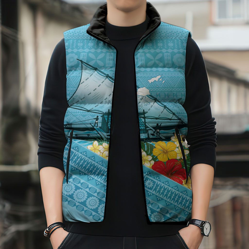 Personalised Bula Vinaka Fiji Drua Sleeveless Puffer Jacket Fijian Traditional Canoe Tapa Cloth Blue LT14 - Polynesian Pride