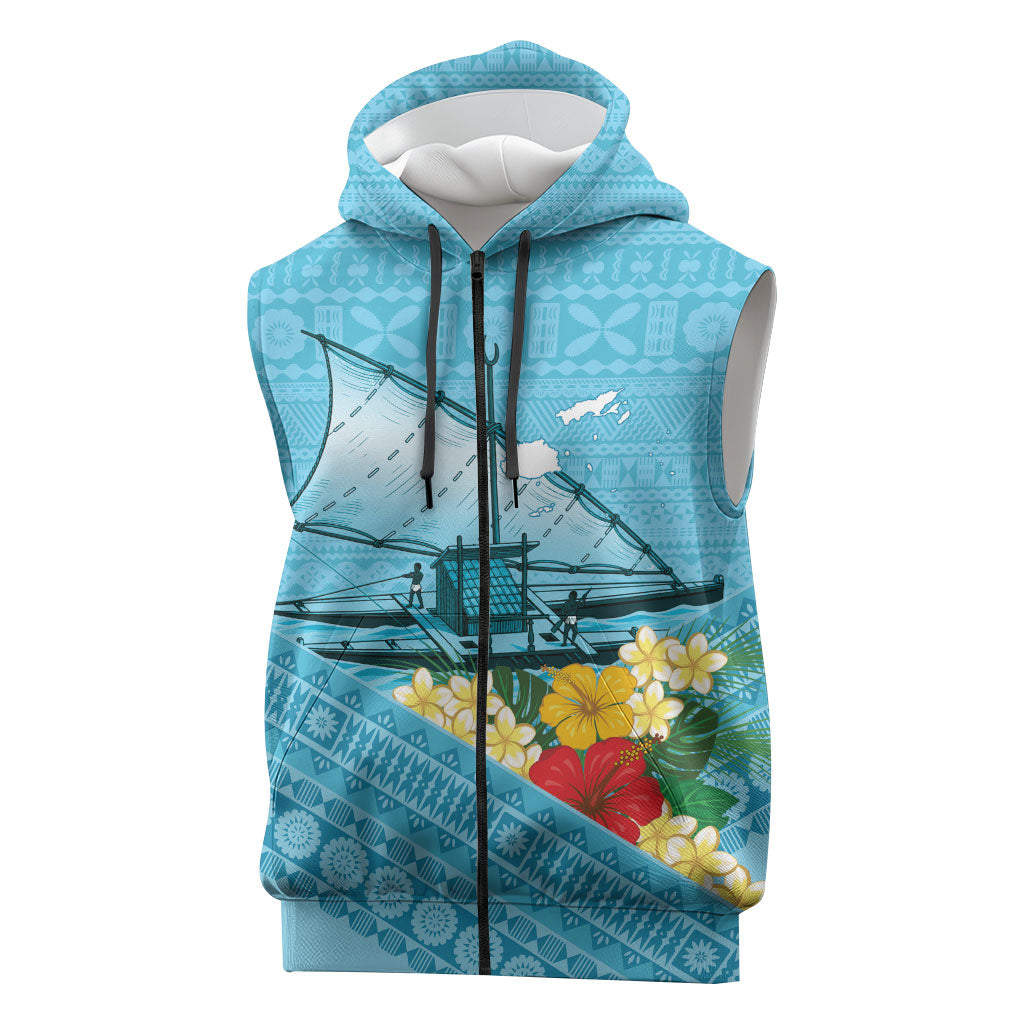 Personalised Bula Vinaka Fiji Drua Sleeveless Zip Hoodie Fijian Traditional Canoe Tapa Cloth Blue