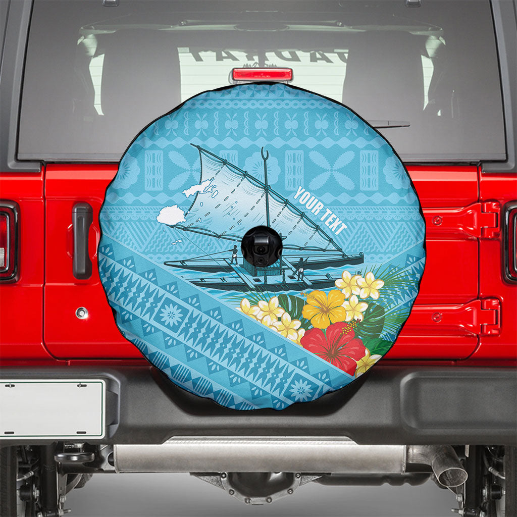Personalised Bula Vinaka Fiji Drua Spare Tire Cover Fijian Traditional Canoe Tapa Cloth Blue LT14 - Polynesian Pride