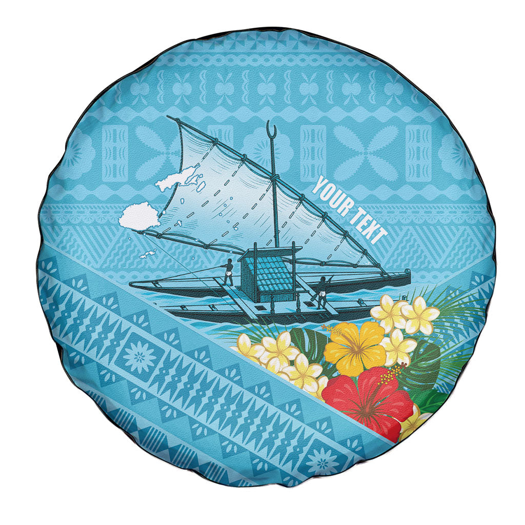Personalised Bula Vinaka Fiji Drua Spare Tire Cover Fijian Traditional Canoe Tapa Cloth Blue LT14 - Polynesian Pride