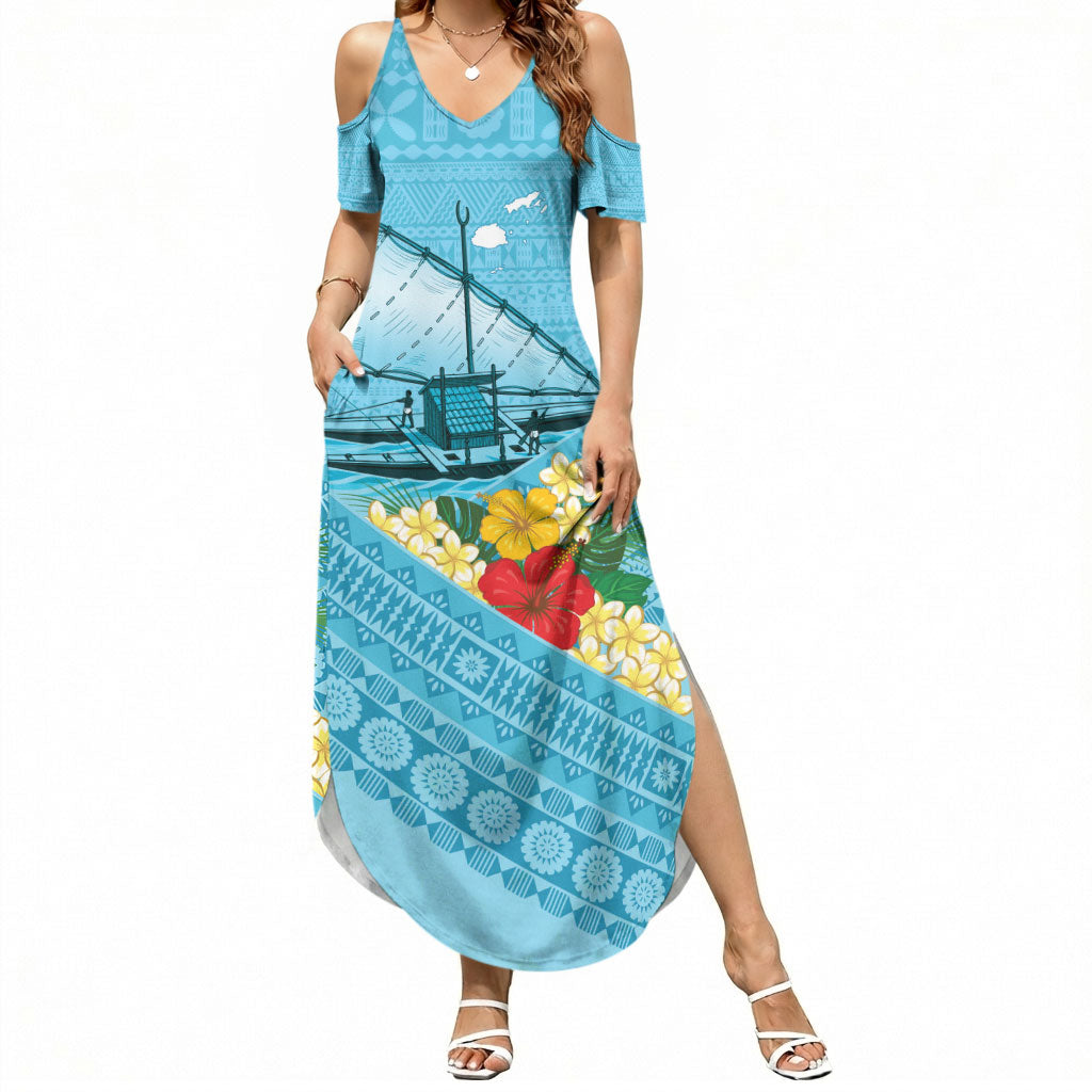 Personalised Bula Vinaka Fiji Drua Summer Maxi Dress Fijian Traditional Canoe Tapa Cloth Blue