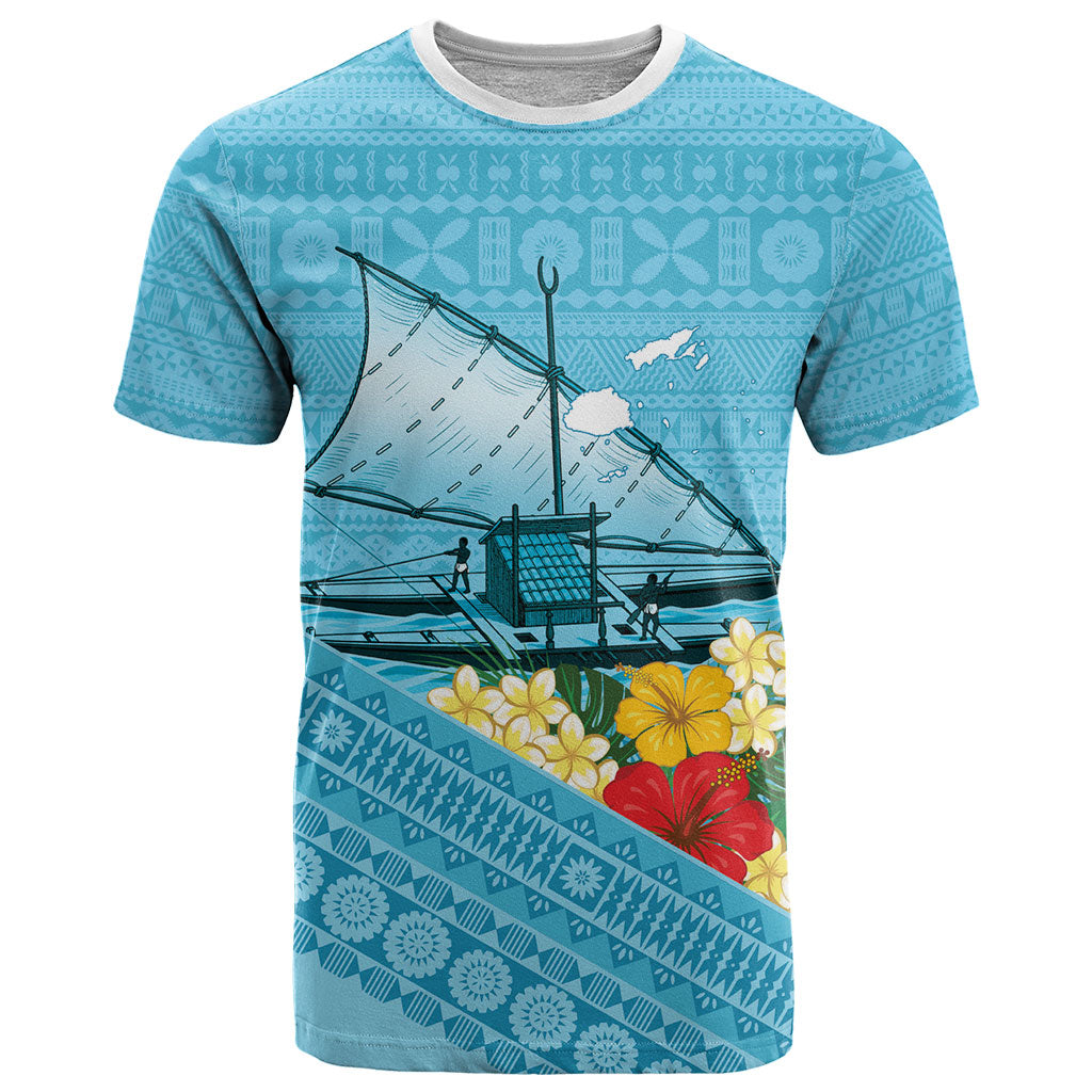 Personalised Bula Vinaka Fiji Drua T Shirt Fijian Traditional Canoe Tapa Cloth Blue