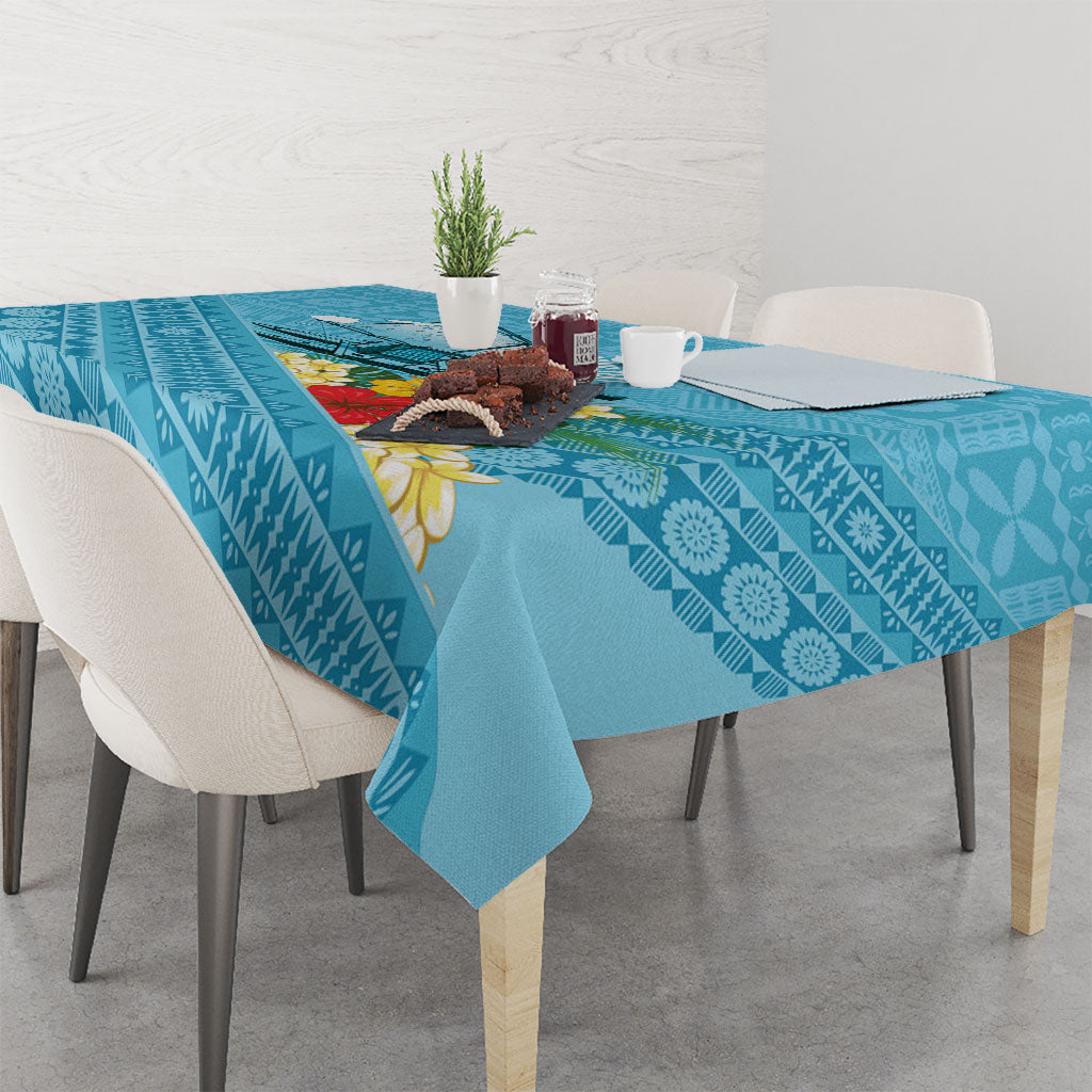 Personalised Bula Vinaka Fiji Drua Tablecloth Fijian Traditional Canoe Tapa Cloth Blue LT14 - Polynesian Pride