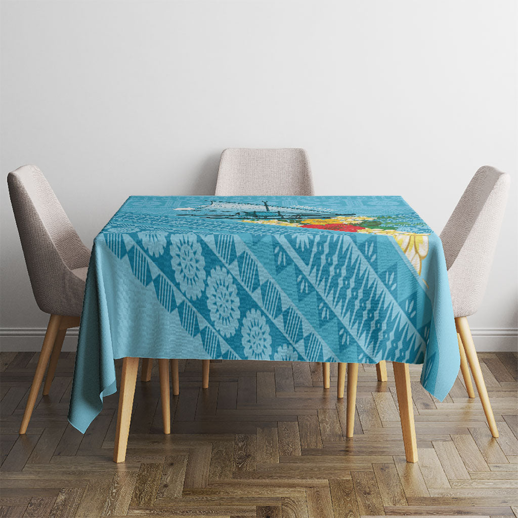Personalised Bula Vinaka Fiji Drua Tablecloth Fijian Traditional Canoe Tapa Cloth Blue LT14 - Polynesian Pride