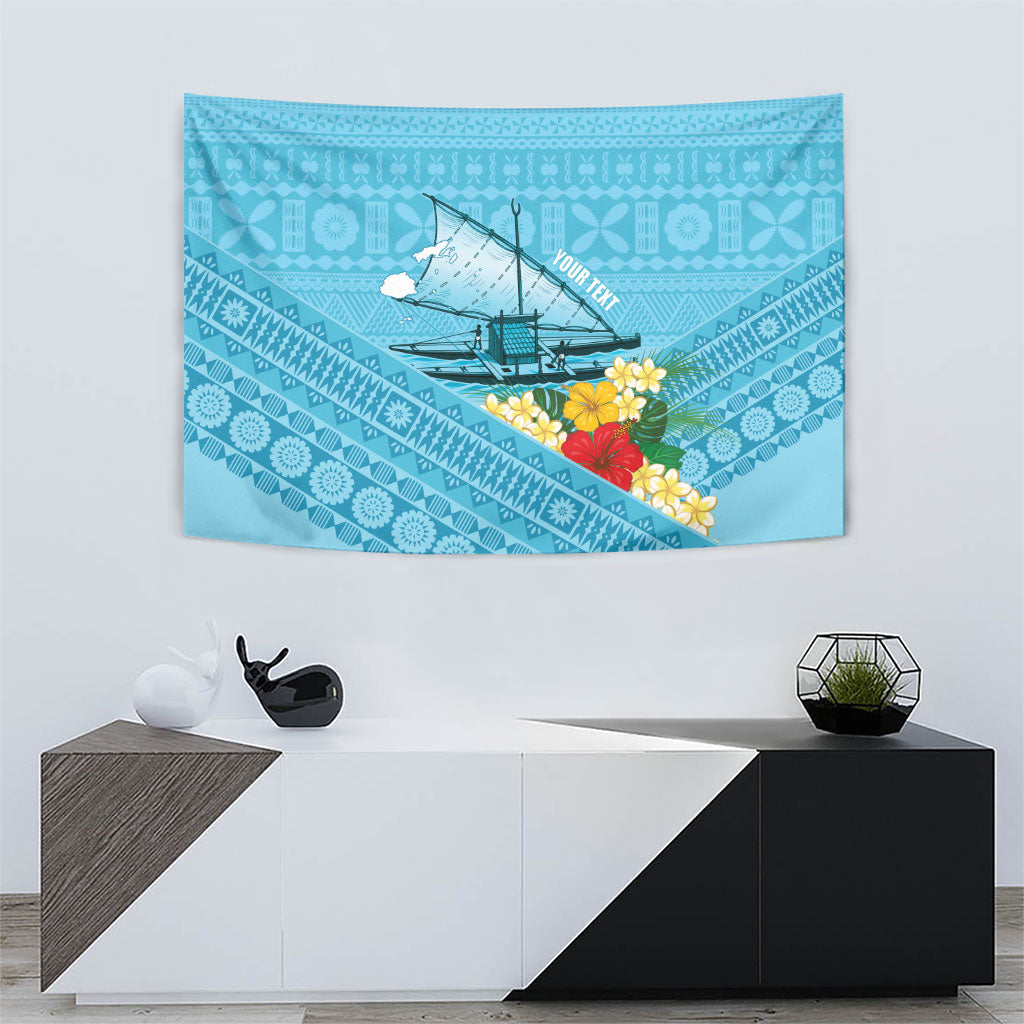 Personalised Bula Vinaka Fiji Drua Tapestry Fijian Traditional Canoe Tapa Cloth Blue LT14 - Polynesian Pride