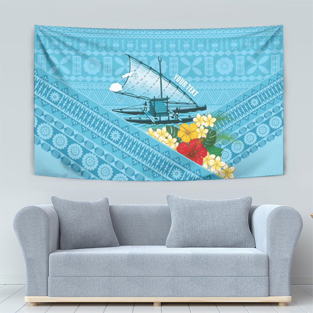 Personalised Bula Vinaka Fiji Drua Tapestry Fijian Traditional Canoe Tapa Cloth Blue LT14 - Polynesian Pride
