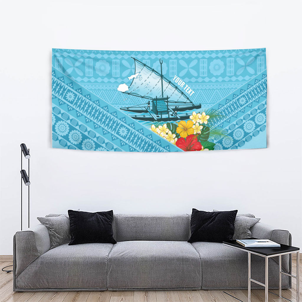 Personalised Bula Vinaka Fiji Drua Tapestry Fijian Traditional Canoe Tapa Cloth Blue LT14 - Polynesian Pride