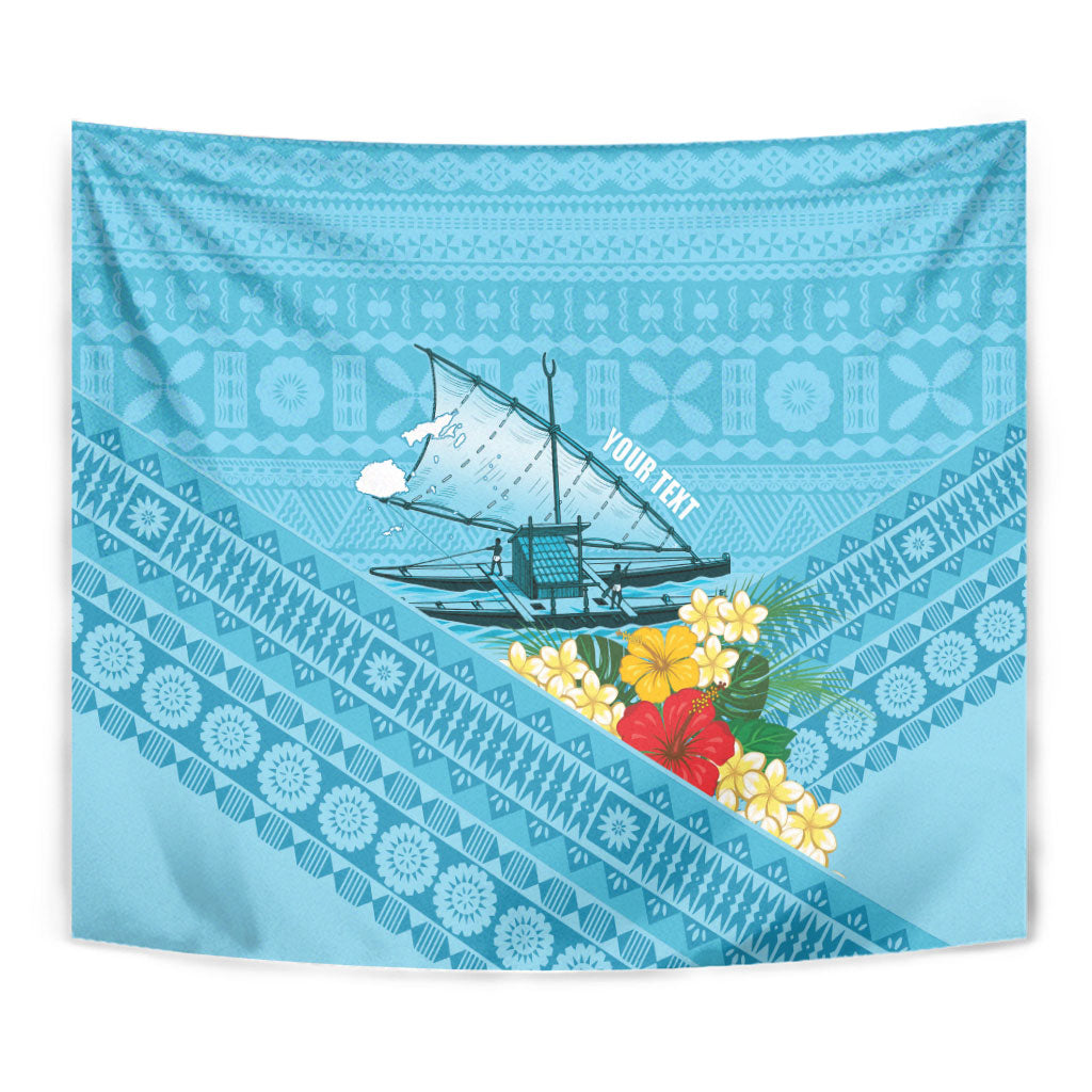 Personalised Bula Vinaka Fiji Drua Tapestry Fijian Traditional Canoe Tapa Cloth Blue LT14 - Polynesian Pride
