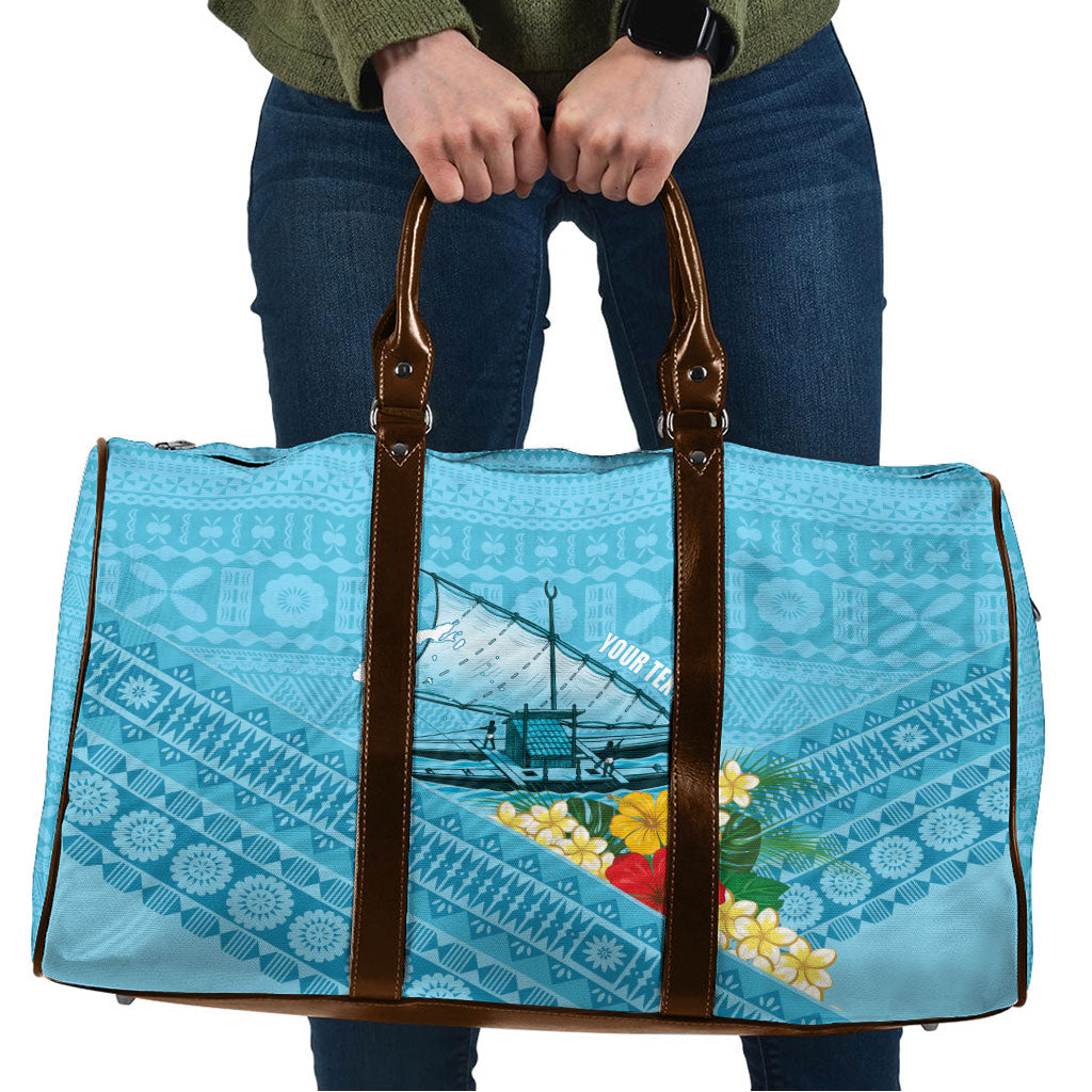 Personalised Bula Vinaka Fiji Drua Travel Bag Fijian Traditional Canoe Tapa Cloth Blue
