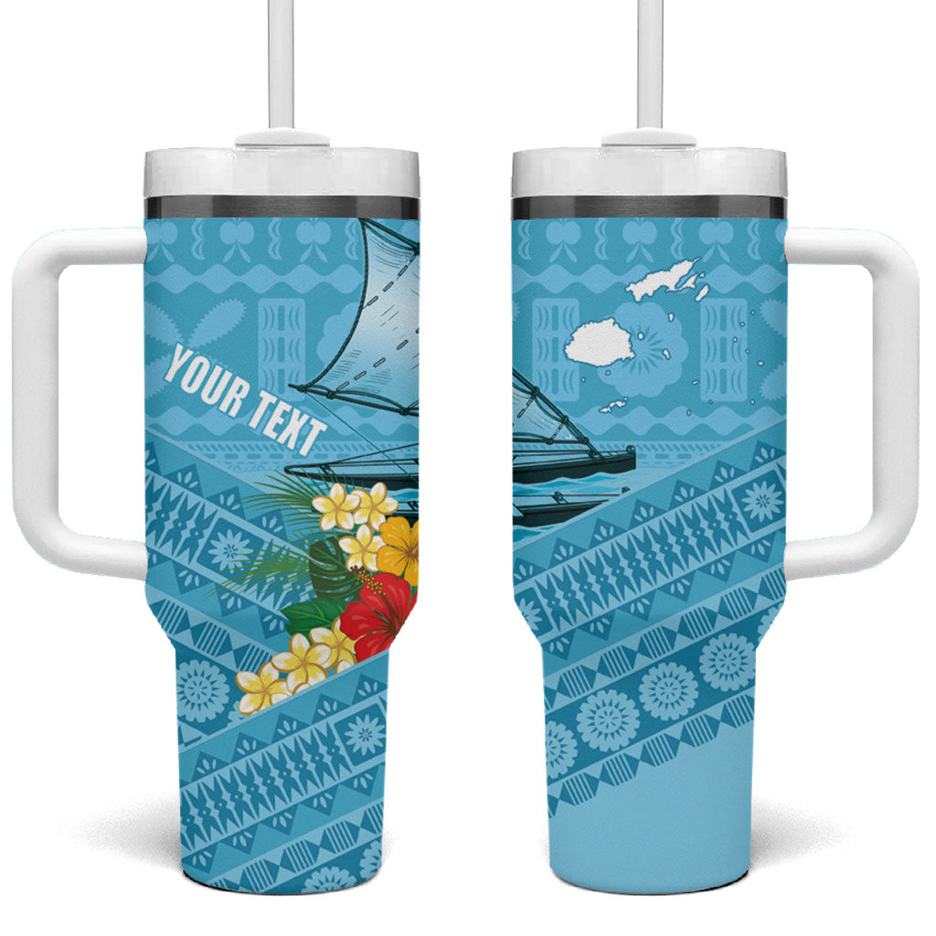 Personalised Bula Vinaka Fiji Drua Tumbler With Handle Fijian Traditional Canoe Tapa Cloth Blue