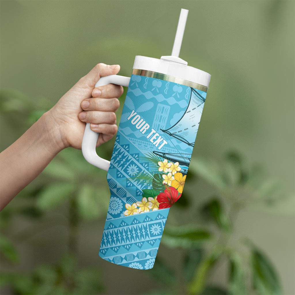 Personalised Bula Vinaka Fiji Drua Tumbler With Handle Fijian Traditional Canoe Tapa Cloth Blue LT14 - Polynesian Pride