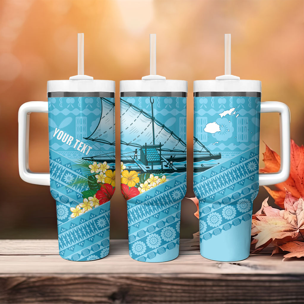 Personalised Bula Vinaka Fiji Drua Tumbler With Handle Fijian Traditional Canoe Tapa Cloth Blue LT14 - Polynesian Pride