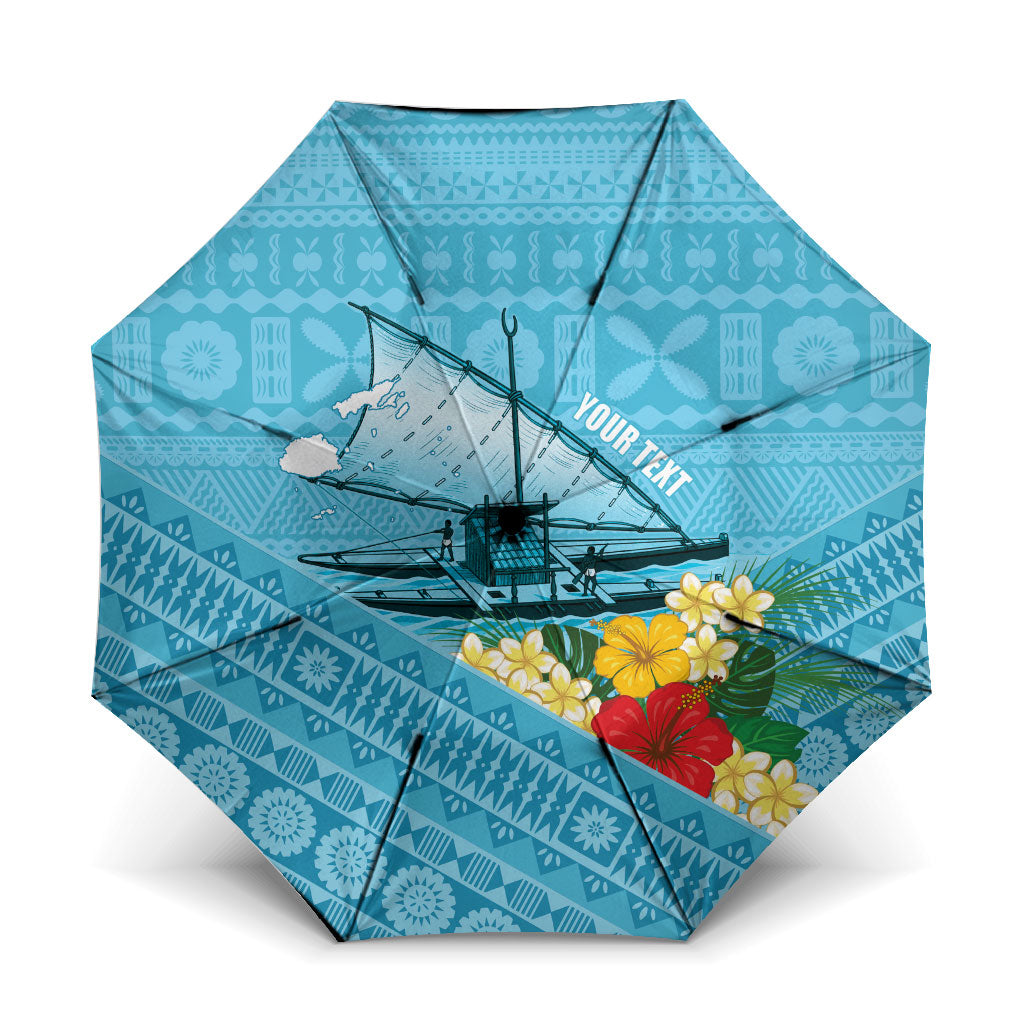 Personalised Bula Vinaka Fiji Drua Umbrella Fijian Traditional Canoe Tapa Cloth Blue