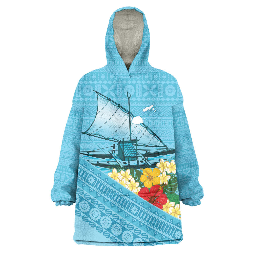 Personalised Bula Vinaka Fiji Drua Wearable Blanket Hoodie Fijian Traditional Canoe Tapa Cloth Blue