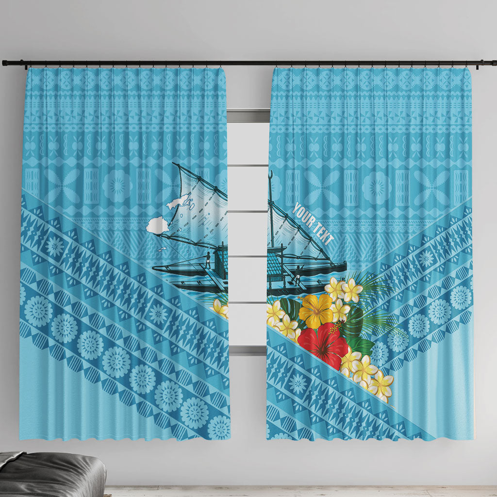 Personalised Bula Vinaka Fiji Drua Window Curtain Fijian Traditional Canoe Tapa Cloth Blue