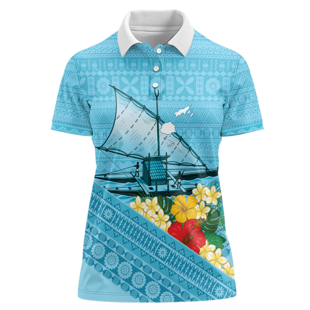 Personalised Bula Vinaka Fiji Drua Women Polo Shirt Fijian Traditional Canoe Tapa Cloth Blue