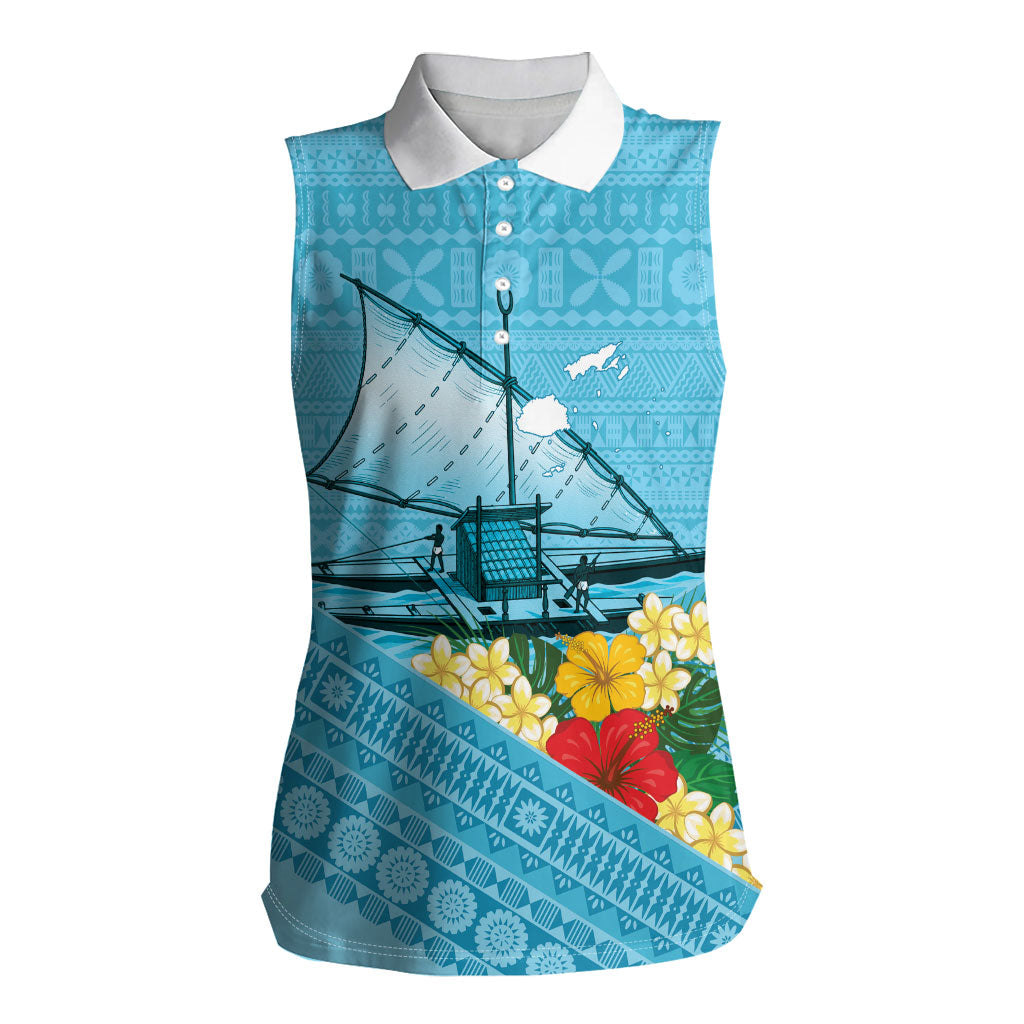 Personalised Bula Vinaka Fiji Drua Women Sleeveless Polo Shirt Fijian Traditional Canoe Tapa Cloth Blue