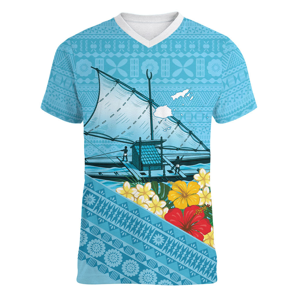 Personalised Bula Vinaka Fiji Drua Women V-Neck T-Shirt Fijian Traditional Canoe Tapa Cloth Blue