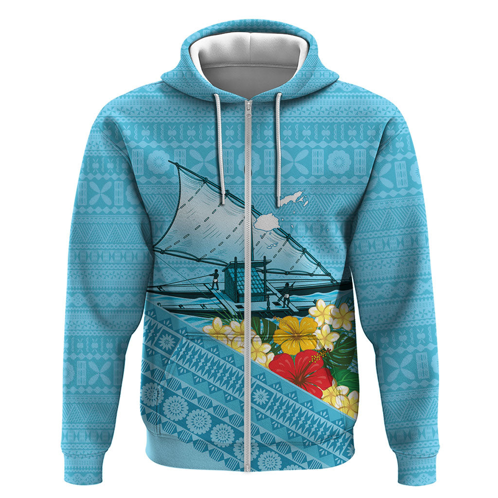 Personalised Bula Vinaka Fiji Drua Zip Hoodie Fijian Traditional Canoe Tapa Cloth Blue