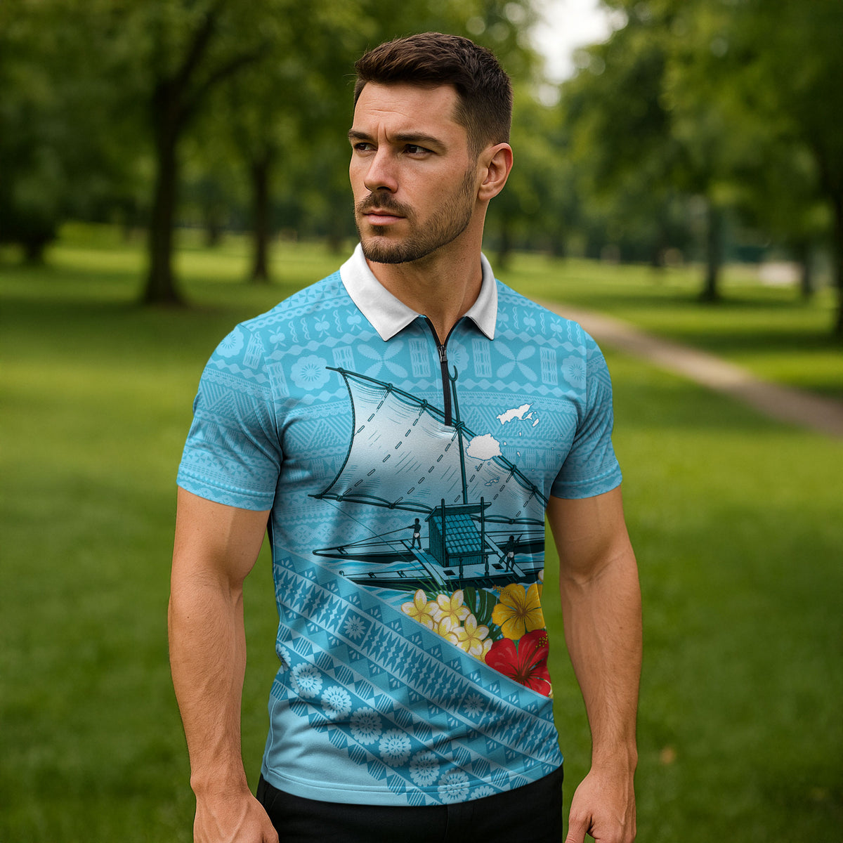 Personalised Bula Vinaka Fiji Drua Zipper Polo Shirt Fijian Traditional Canoe Tapa Cloth Blue LT14 - Polynesian Pride