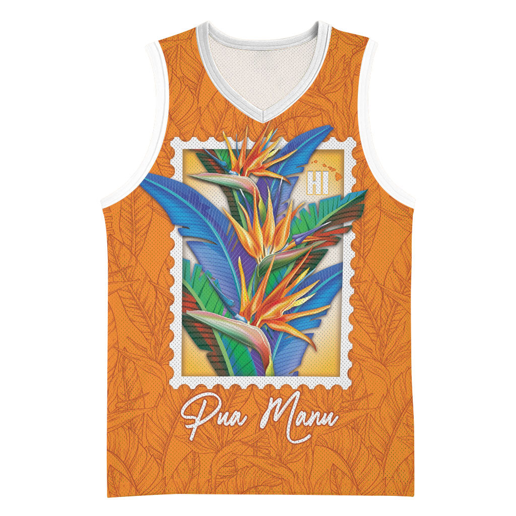 Aloha Hawaii Pua Manu Basketball Jersey Hawaiian Bird of Paradise Flowers Stylized Stamp