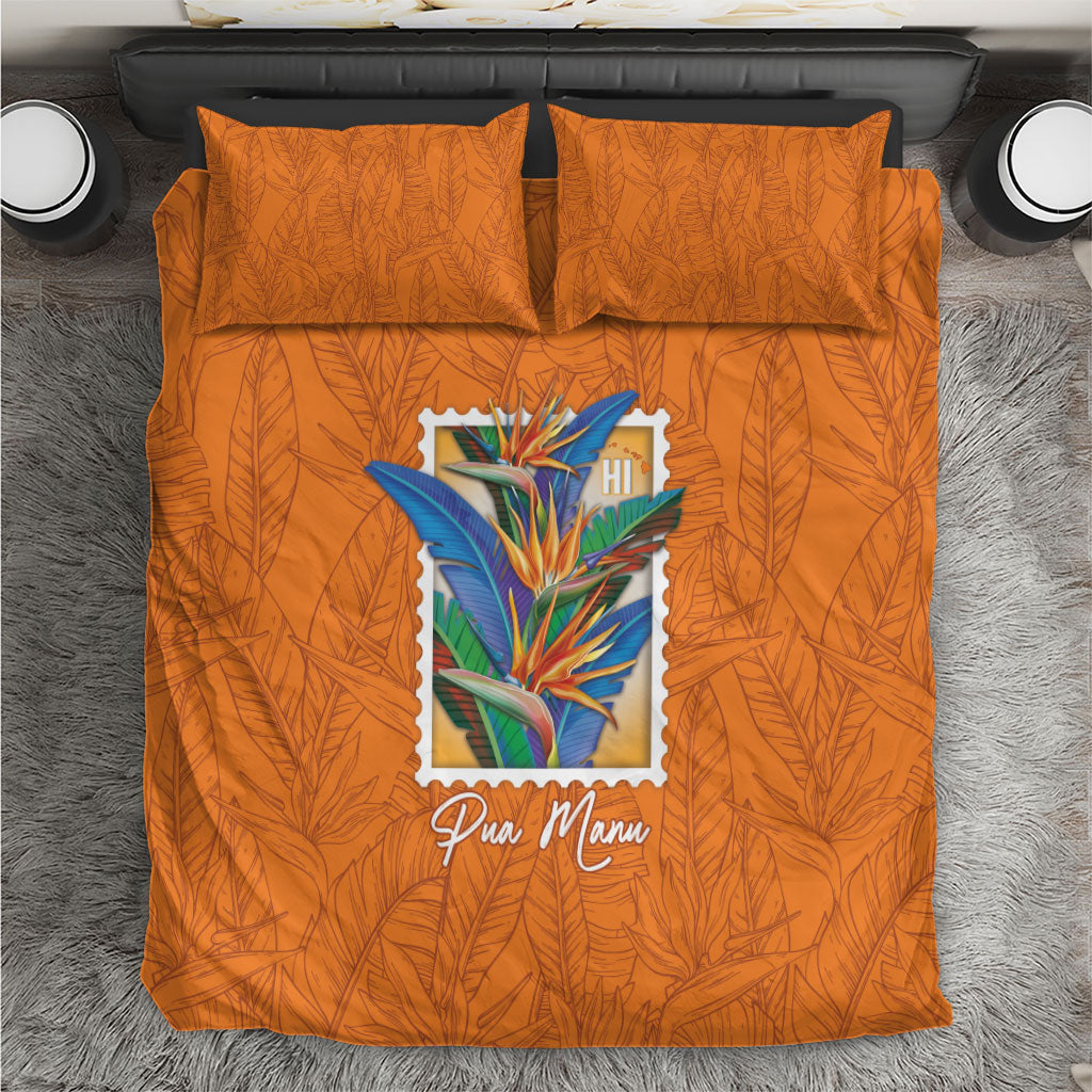 Aloha Hawaii Pua Manu Bedding Set Hawaiian Bird of Paradise Flowers Stylized Stamp