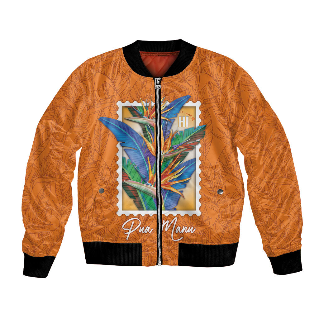 Aloha Hawaii Pua Manu Bomber Jacket Hawaiian Bird of Paradise Flowers Stylized Stamp