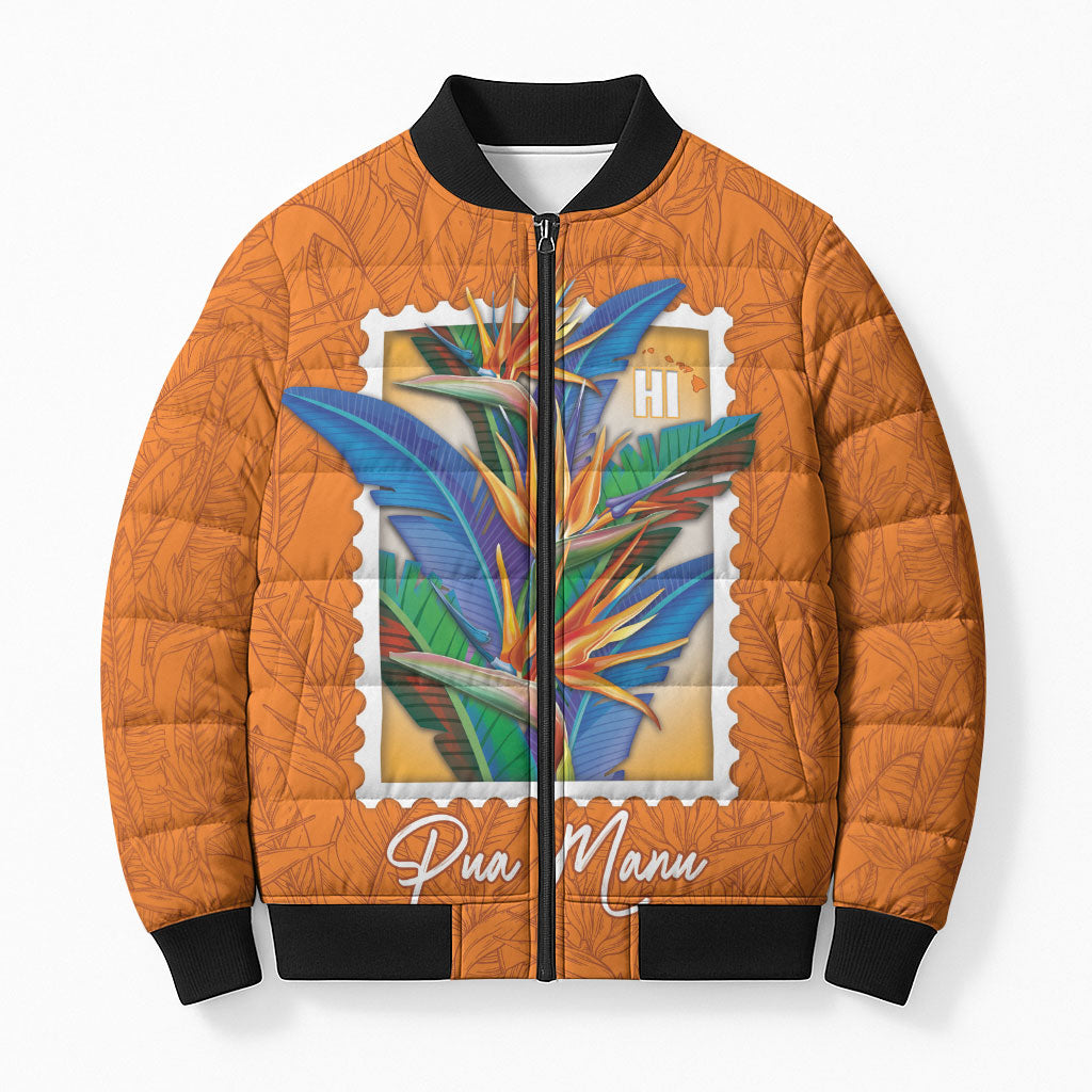 Aloha Hawaii Pua Manu Bomber Puffer Jacket Hawaiian Bird of Paradise Flowers Stylized Stamp