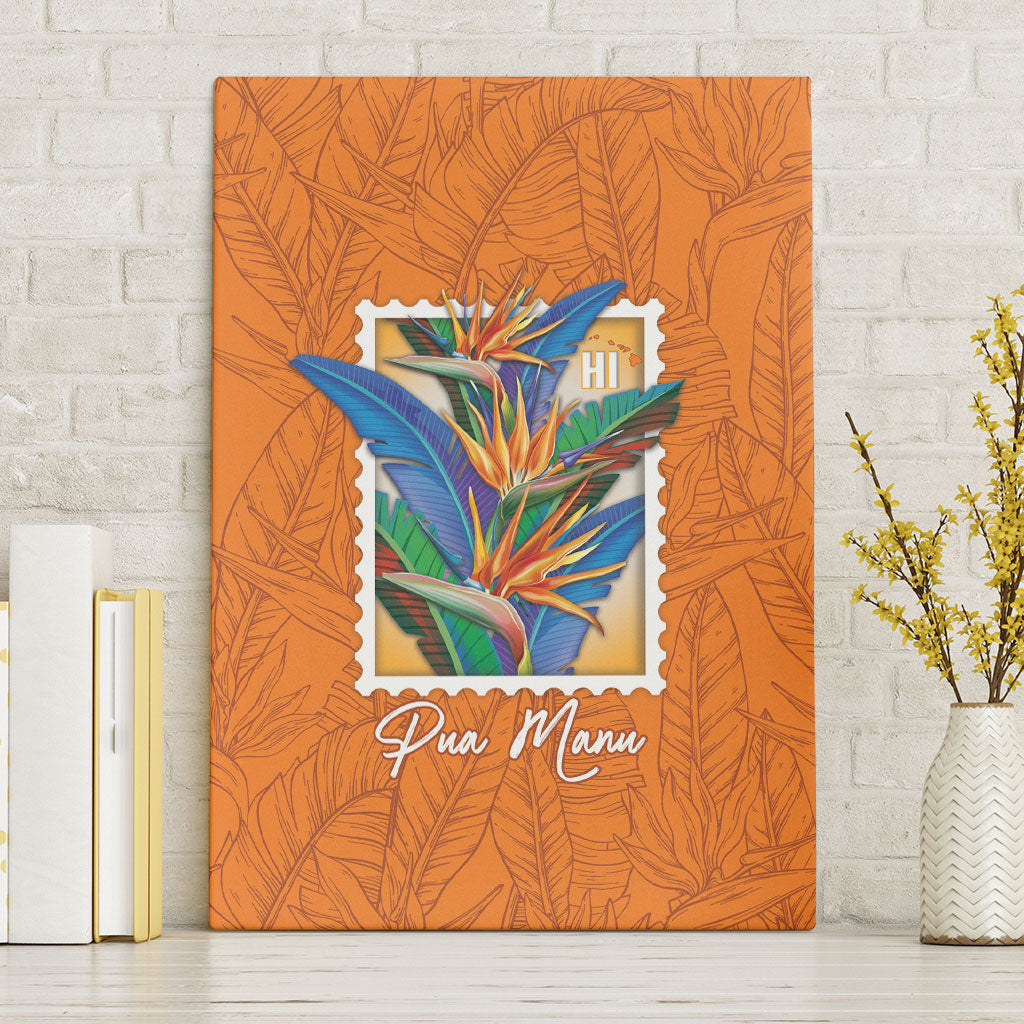 Aloha Hawaii Pua Manu Canvas Wall Art Hawaiian Bird of Paradise Flowers Stylized Stamp