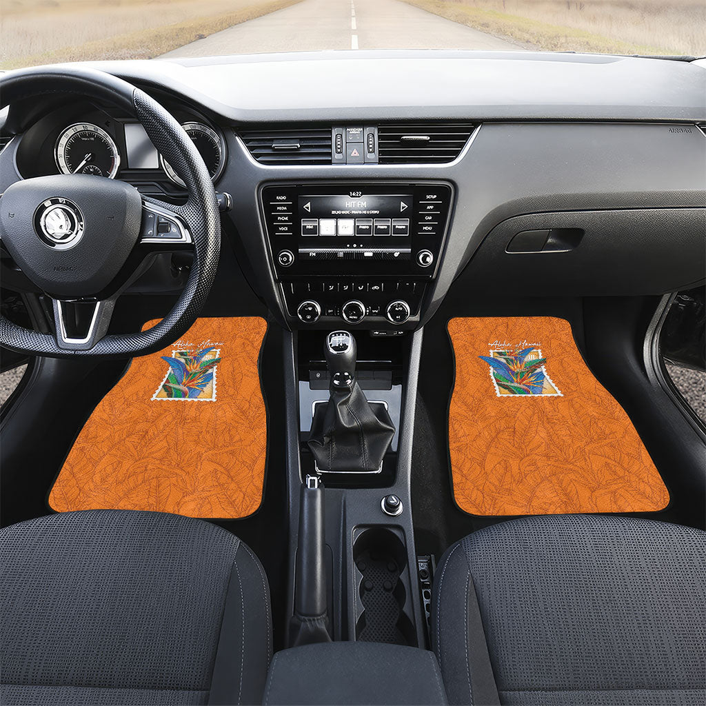 Aloha Hawaii Pua Manu Car Mats Hawaiian Bird of Paradise Flowers Stylized Stamp LT14 Set 2pcs - Front Orange - Polynesian Pride