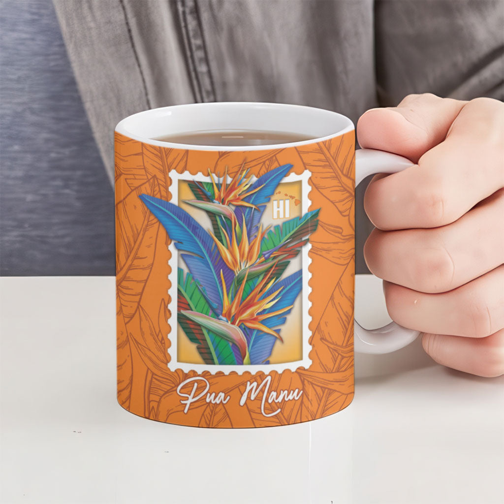 Aloha Hawaii Pua Manu Ceramic Mug Hawaiian Bird of Paradise Flowers Stylized Stamp LT14 - Polynesian Pride