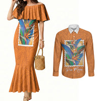 Aloha Hawaii Pua Manu Couples Matching Mermaid Dress and Long Sleeve Button Shirt Hawaiian Bird of Paradise Flowers Stylized Stamp LT14 Orange - Polynesian Pride