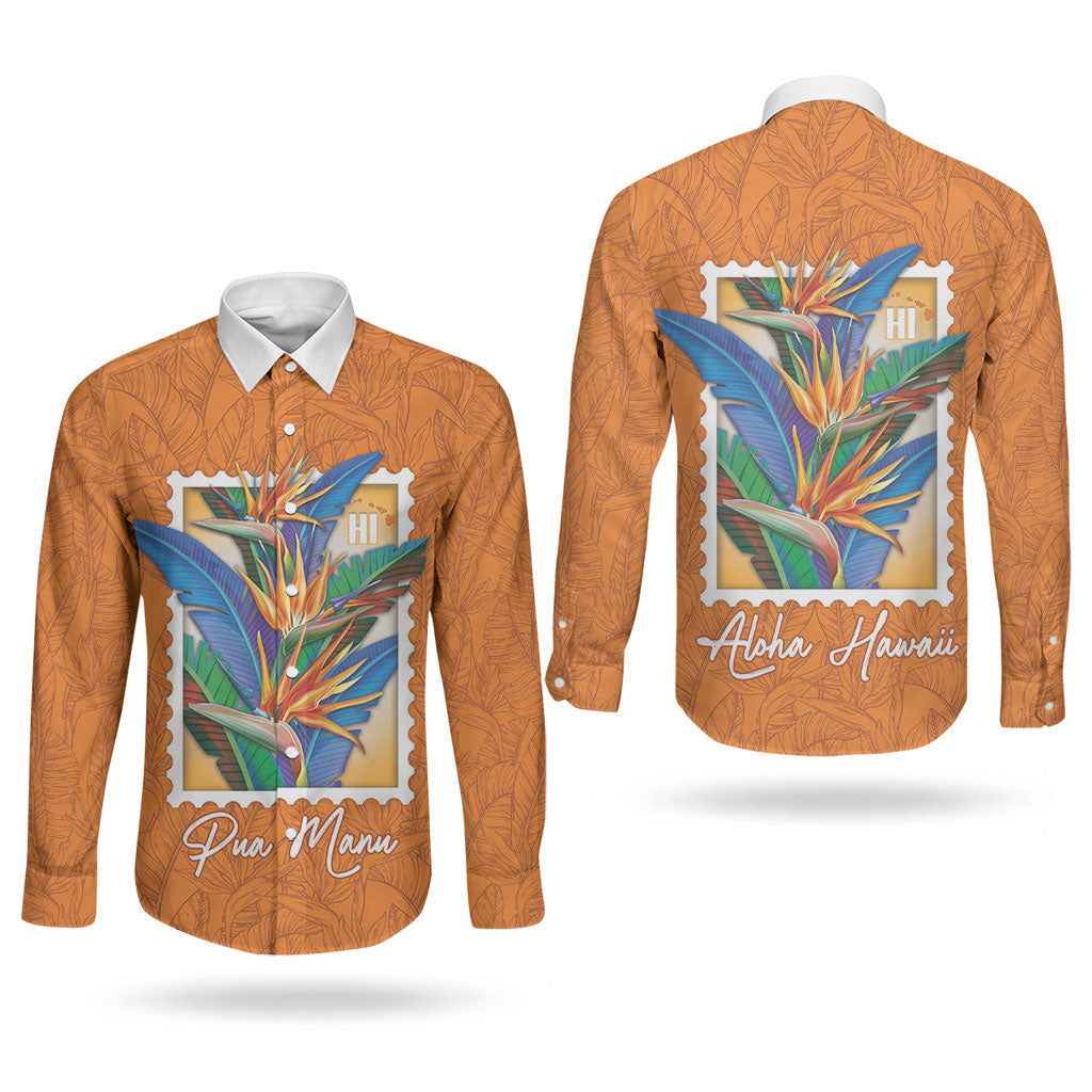 Aloha Hawaii Pua Manu Couples Matching Mermaid Dress and Long Sleeve Button Shirt Hawaiian Bird of Paradise Flowers Stylized Stamp LT14 - Polynesian Pride