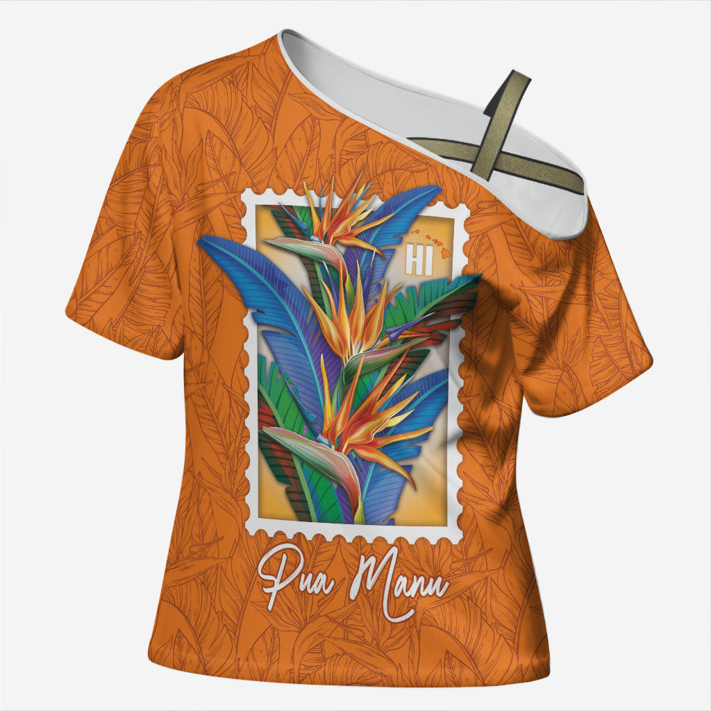 Aloha Hawaii Pua Manu Cross Shoulder Shirt Hawaiian Bird of Paradise Flowers Stylized Stamp