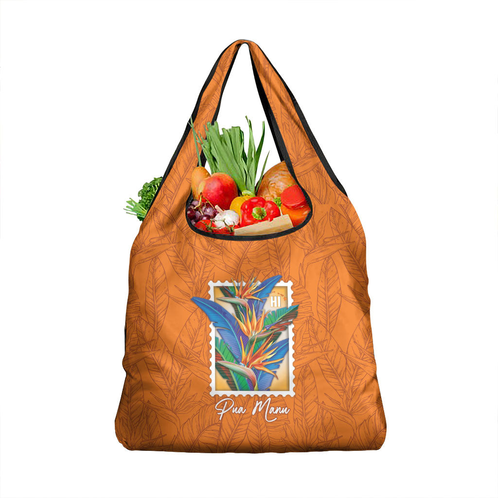 Aloha Hawaii Pua Manu Grocery Bag Hawaiian Bird of Paradise Flowers Stylized Stamp