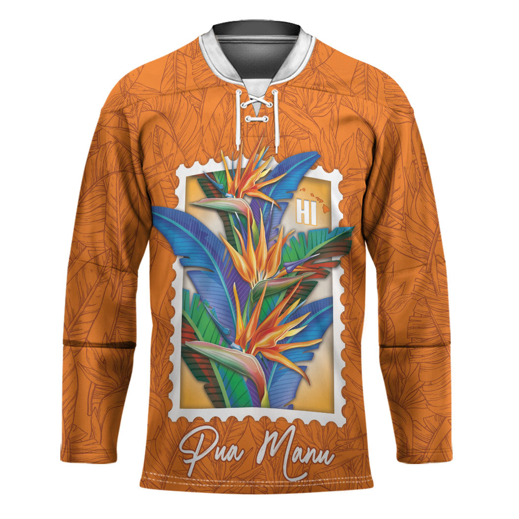 Aloha Hawaii Pua Manu Hockey Jersey Hawaiian Bird of Paradise Flowers Stylized Stamp