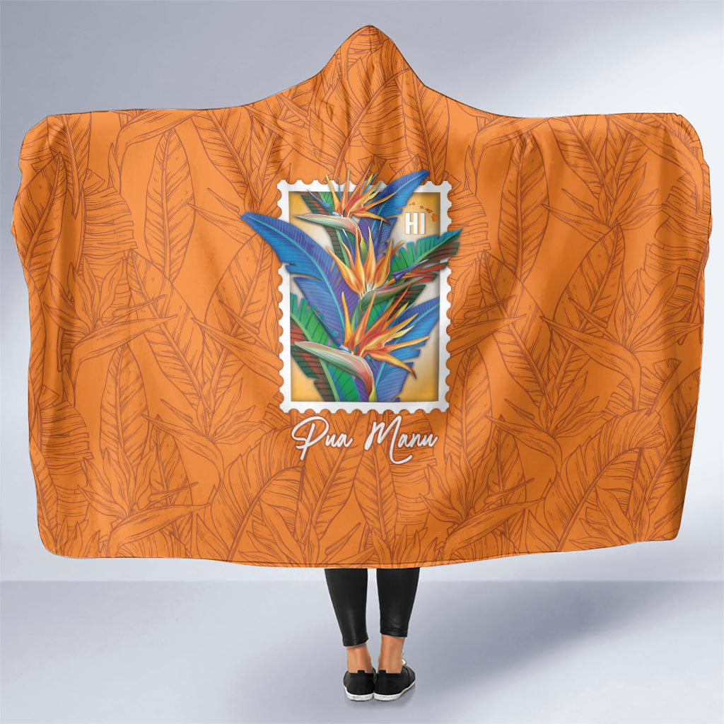 Aloha Hawaii Pua Manu Hooded Blanket Hawaiian Bird of Paradise Flowers Stylized Stamp