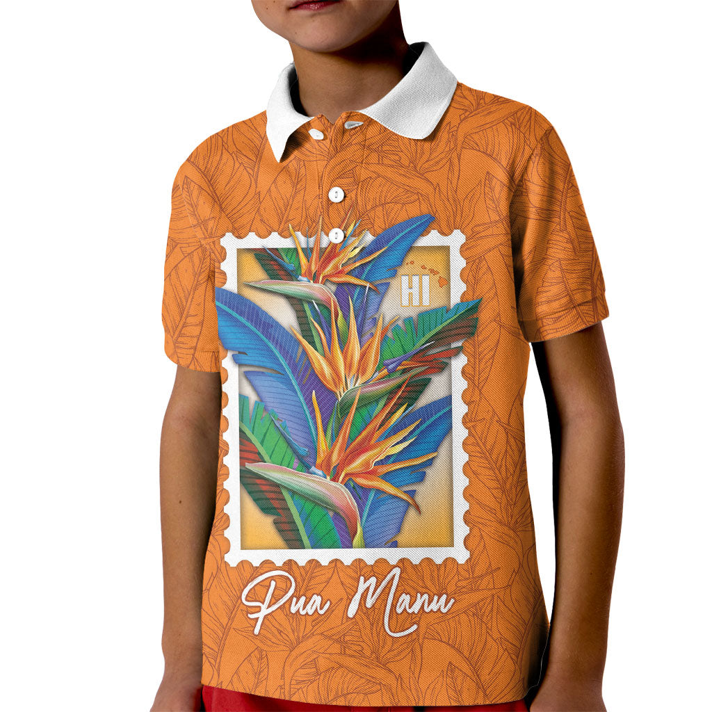 Aloha Hawaii Pua Manu Kid Polo Shirt Hawaiian Bird of Paradise Flowers Stylized Stamp