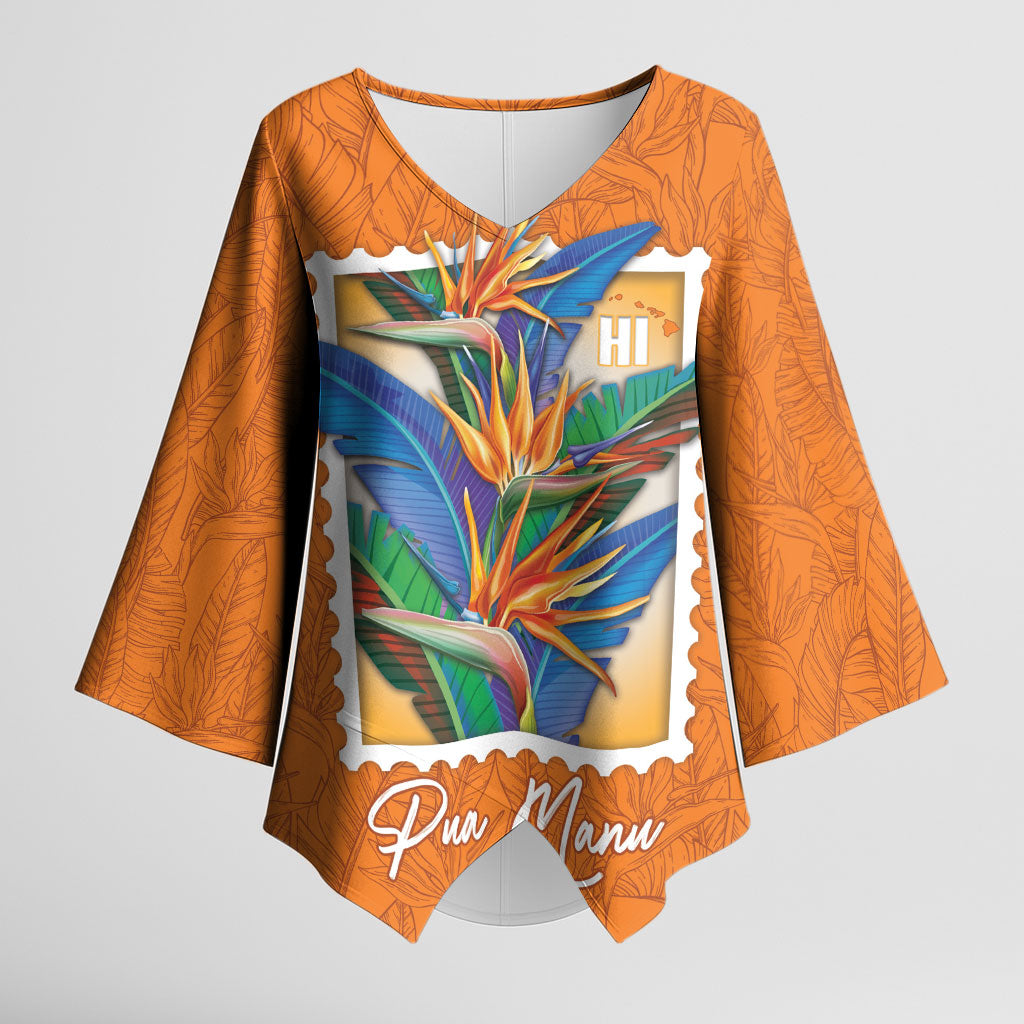 Aloha Hawaii Pua Manu Kimono Sleeve Blouse Hawaiian Bird of Paradise Flowers Stylized Stamp