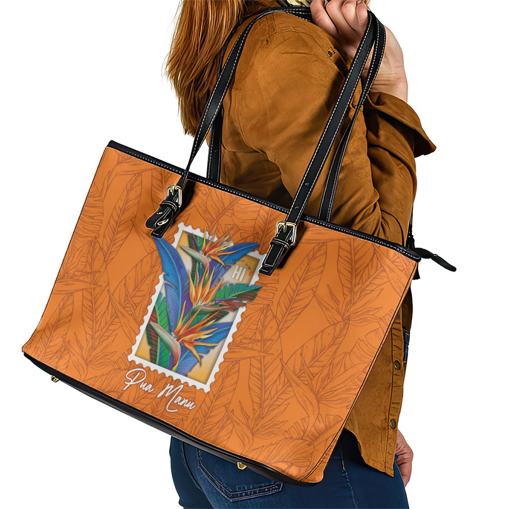 Aloha Hawaii Pua Manu Leather Tote Bag Hawaiian Bird of Paradise Flowers Stylized Stamp LT14 - Polynesian Pride